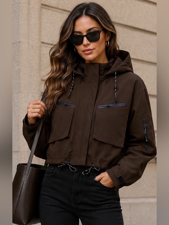 Jackets & Blazers - Funnel Neck Brown Hooded Utility Windbreaker Jacket for Women Waterproof Cropped
